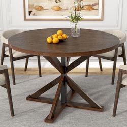 47" Round Dining Table for 4-6 People, Modern Farmhouse Kitchen Table with Waterproof Thickened Tabletop, Sturdy X-Shaped Metal Wood Base for Dining R