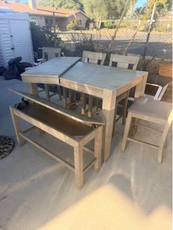 Modern Gray Dining Table Set – Bench & Chairs –
