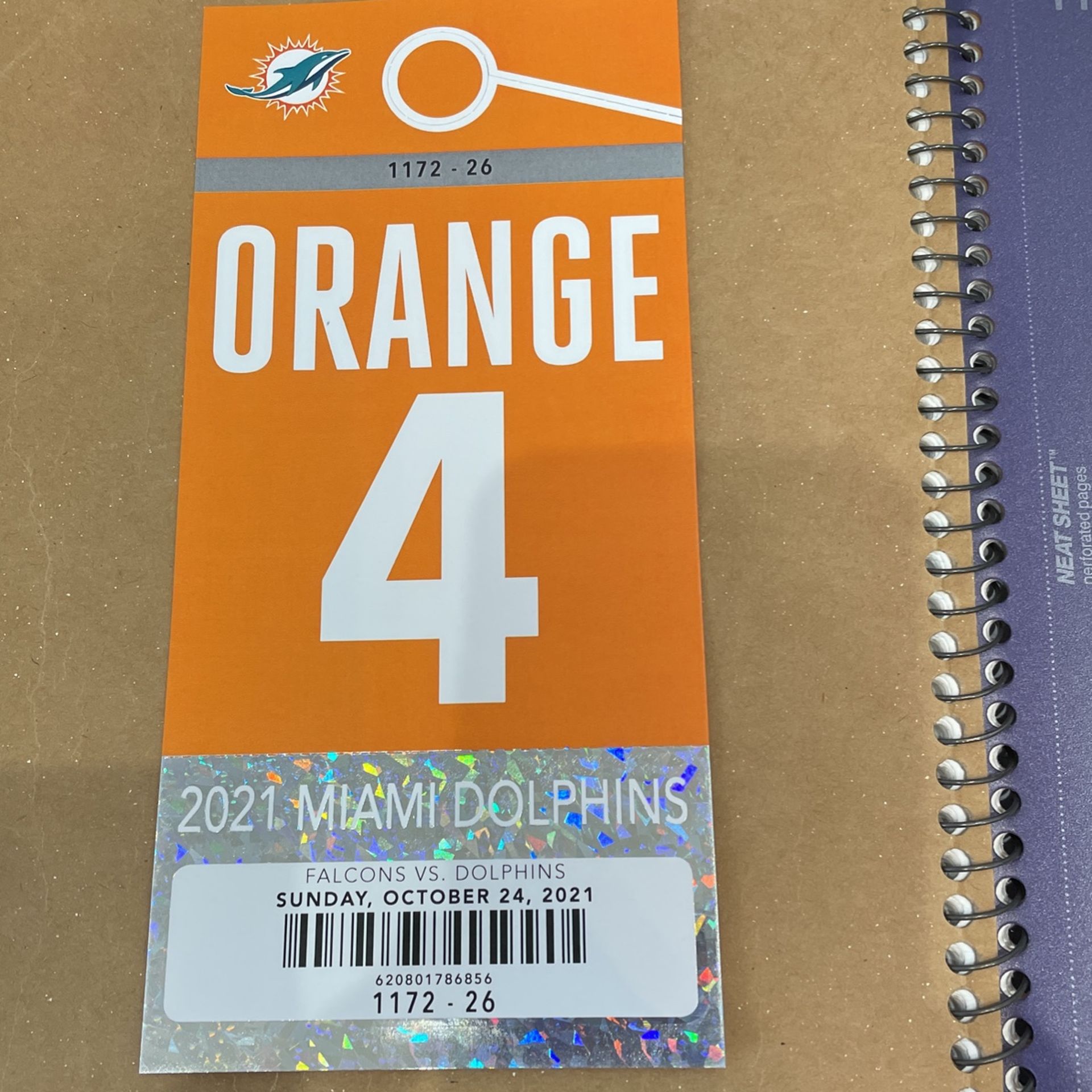 Miami Dolphins orange parking pass vs Falcons