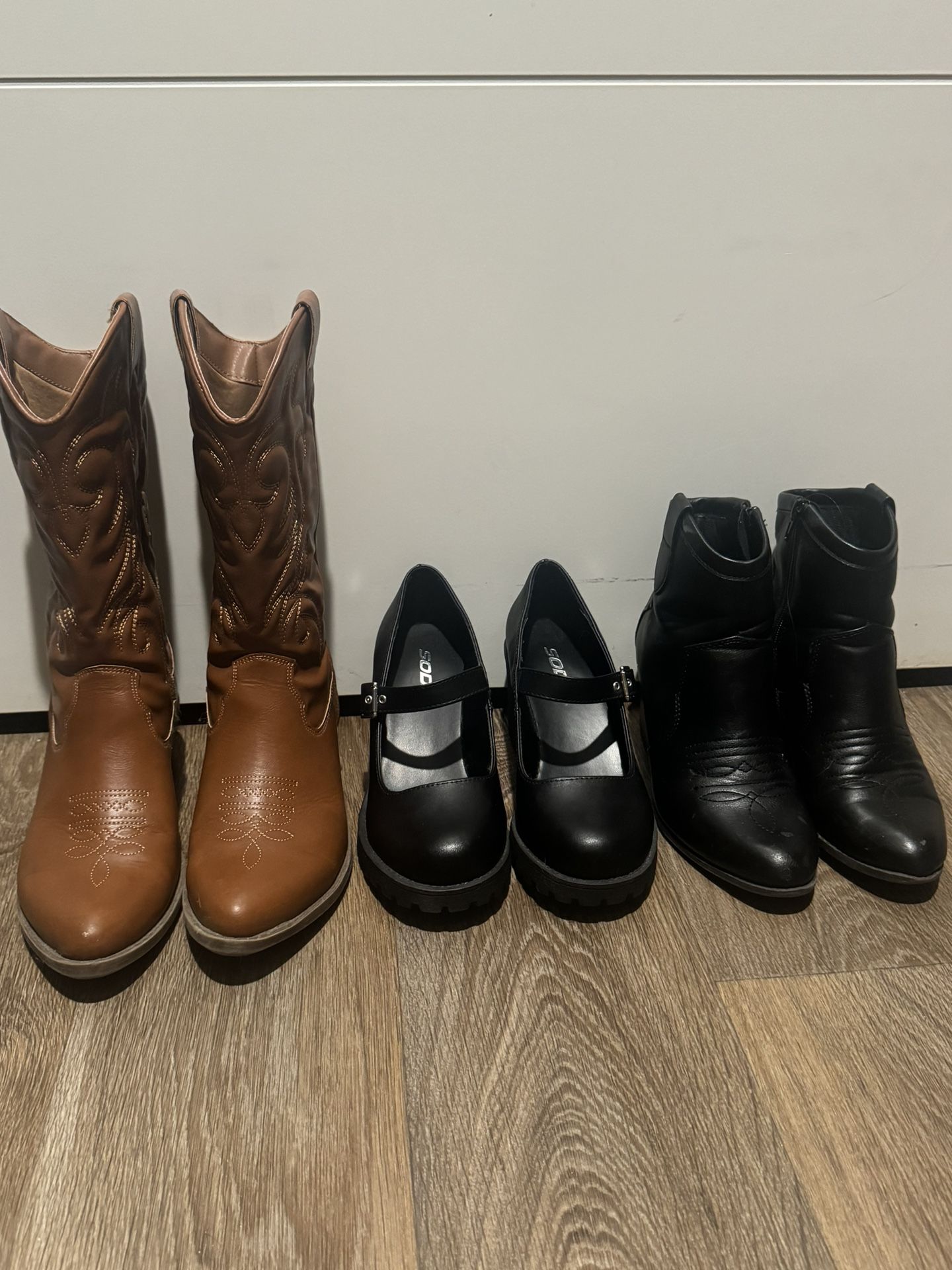Cowgirl Boots Short And Tall And Loafers/ Platform Heels With Buckle Strap 