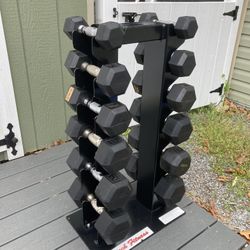 6 Pairs Of Rubber Hex Dumbbells With Space Saving Rack - 5’s, 7.5’s, 10’s, 15’s, 20’s And 25’s