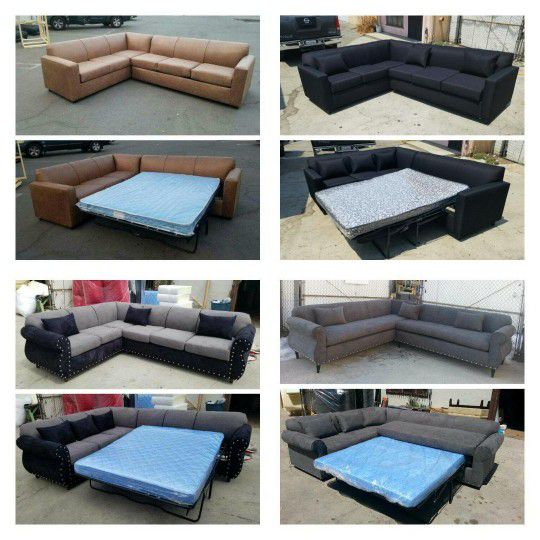 Brand NEW 7X9FT  Sectional With SLEEPER COUCHES. Charcoal,  Black, Black and Charcoal FABRIC, Dakota CAMEL LEATHER Sofas  2pc