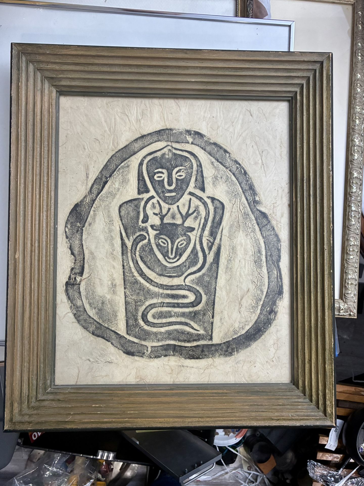 Vintage MCM Tribal Primitive Wall Art β 16Γ20 Framed β Boho Decor