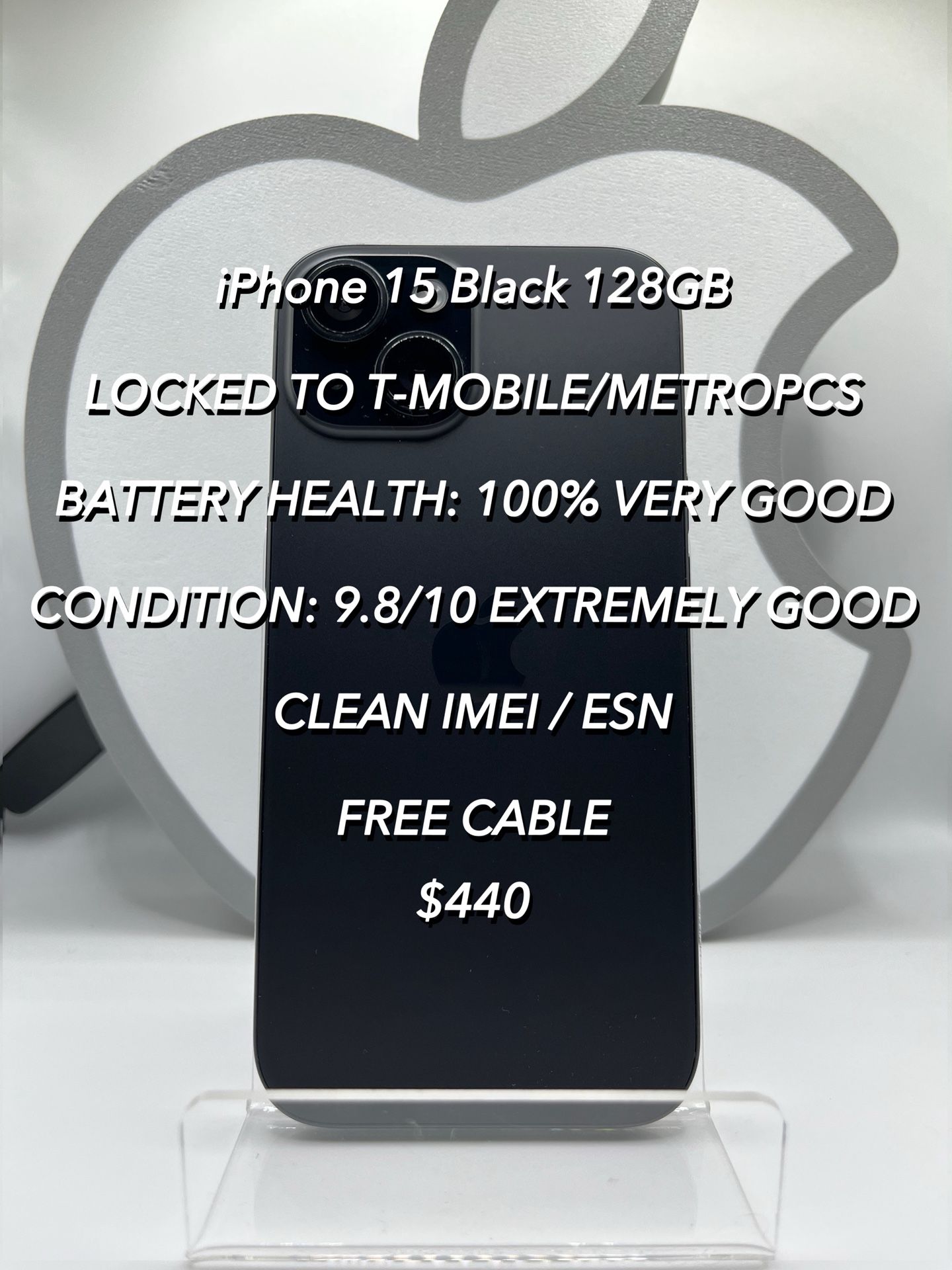 iPhone 15 Black 128GB T-MOBILE/METRO LOCKED Used Like New Authentic