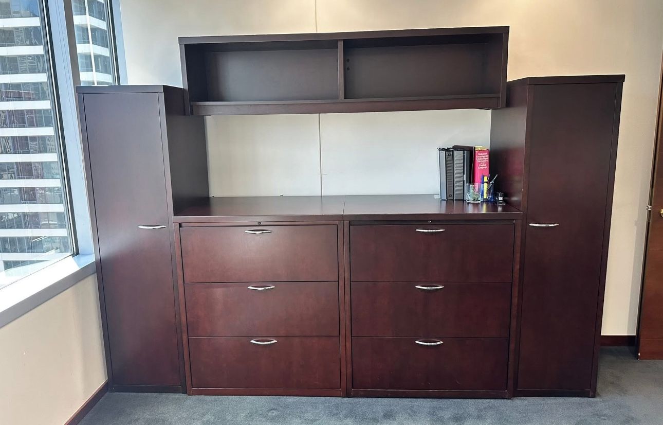 Wood Credenza Set With Filing Cabinets