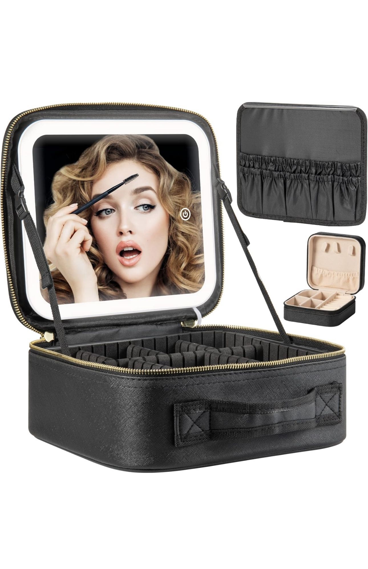 Makeup Travel Train Case with Mirror LED Light 3 Adjustable Brightness Cosmetic Bag Portable Storage Adjustable Partition Waterproof Brushes Makeup J