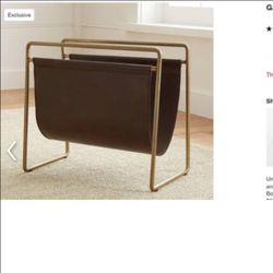 Crate & Barrel Galen Leather Magazine Rack Brass-Finish Iron Frame