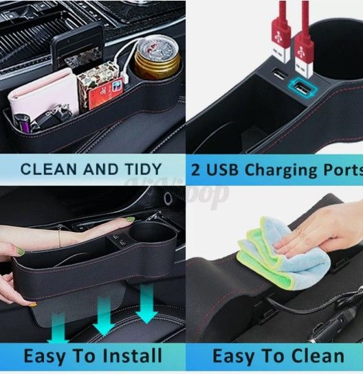 **Reduced Price** PU Leather Car Seat Gap Storage Box Crevice Organizer Pocket 2 USB Cup Holder