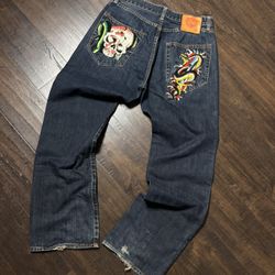 Y2K Ed Hardy Jeans Embroidered Skull and Snake and Knife Blue Denim
