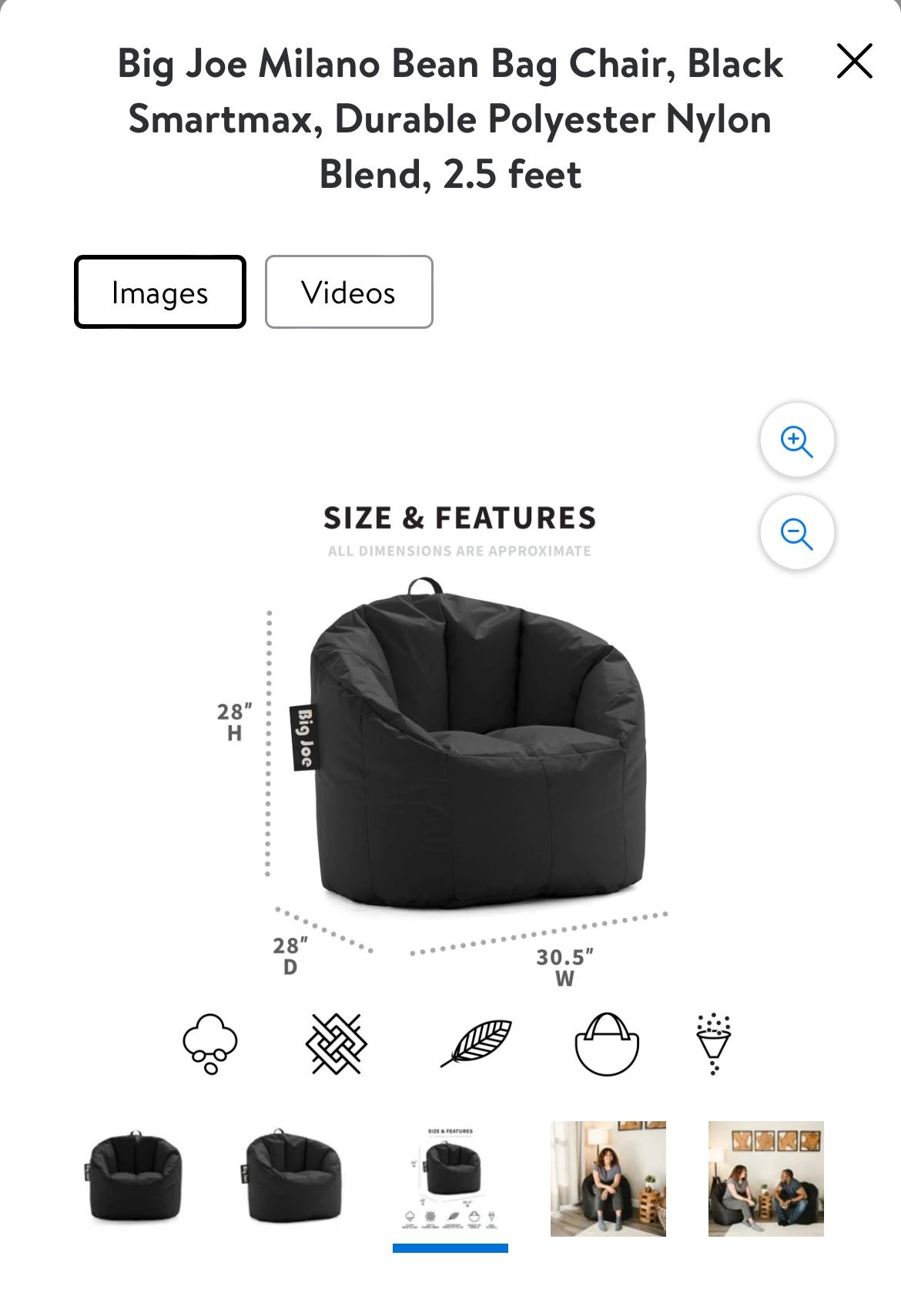 Big Joe Milano Bean Bag Chair, Black Smartmax, Durable Polyester Nylon Blend