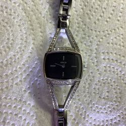 Watch - Ladies “Guess” Watch - Silver Bejeweled Band With Dark Face - Very Good Condition, Needs Battery 