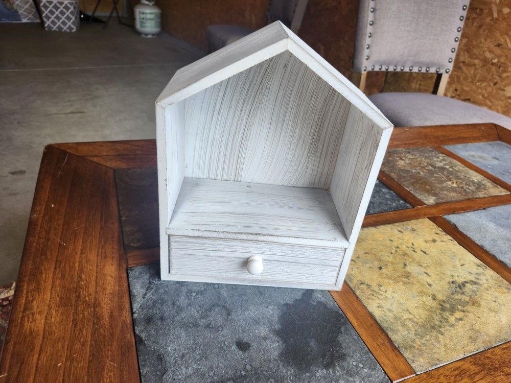 Mini Wooden House Shelf – Rustic White Display with Drawer