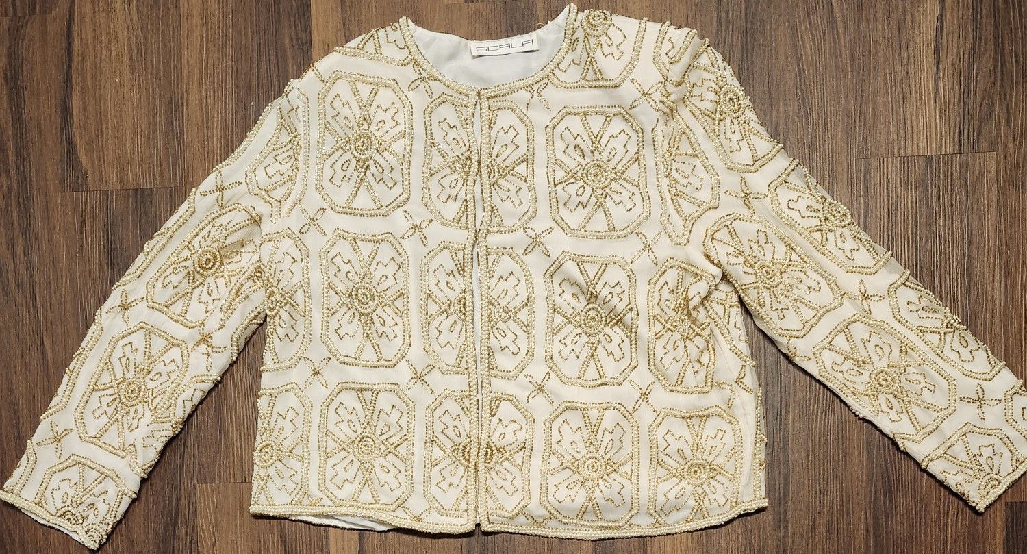 1980's Vintage Womens Sz M Scala 100% Silk Beaded Jacket in Cream & Gold Still Like New!