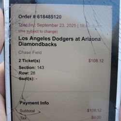 2 tickets to Los Angeles Dodgers at Arizona Diamondbacks  Tuesday