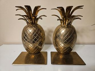 Vintage Heavy Brass Glam Tropical Pineapple Bookends Book End Holder -Set Of 2