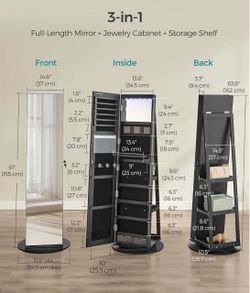 SONGMICS 6 LEDs Mirror Jewelry Cabinet Organizer 360° Lockable Frameless Full-Length w/ Storage - Black