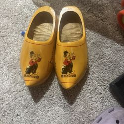 Vintage yellow, hand-painted wooden Dutch clogs