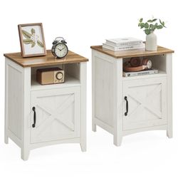 Farmhouse Nightstand, Barn Door, Set of 2, Bedside Table with Storage, Side End Table, Night Stand, Open Compartment, for Bedroom, Rustic White and Ho