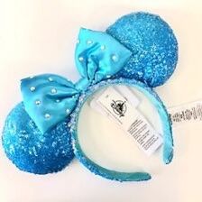 2022 Disney Parks Cerulean Blue Azul Diamond Bow Sequin Minnie Ears Headband NEW