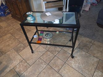 Black Metal Glass Two-Tier Rolling Cart Table