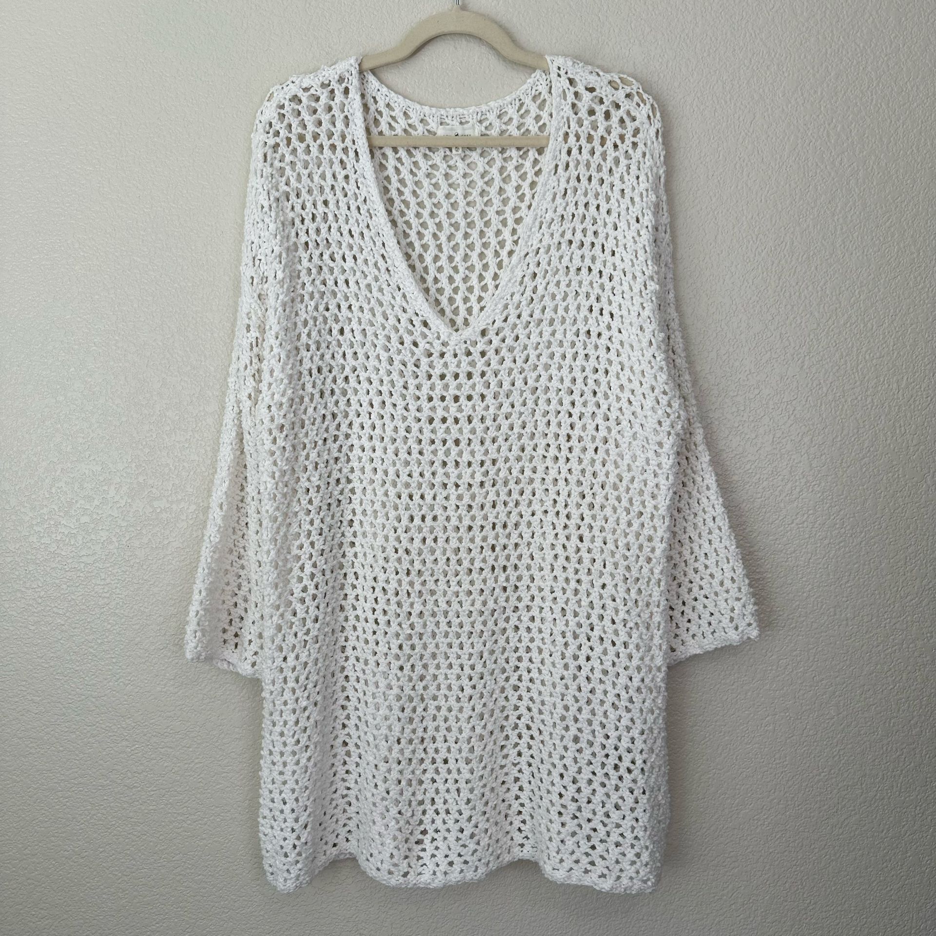 Lou & Grey White Open Knit Crochet Coverup Long Sleeves Tunic Top