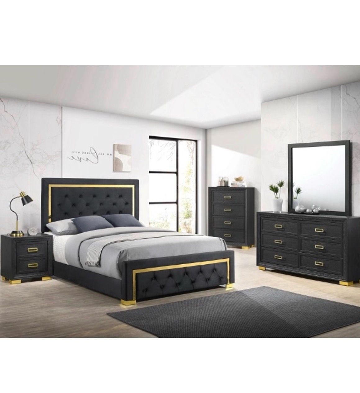 4- Pc Bedroom set Dresser,Mirror Nightstand (1) Queen size bed frame Not including Mattress and Box Sp