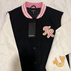 True Religion Women’s Varsity Jacket W/ Pink & Yellow Patch Designs 