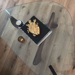 Oval Glass Coffee Table w/ Sculptural Wood Base (Stockholm Style)