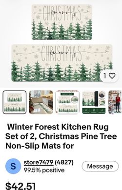 Winter Forest Kitchen Rug Set of 2, Christmas Pine Tree Non-Slip Mats for