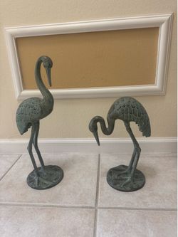 Pair of Decorative Heron/Crane Statues – Verdigris Finish