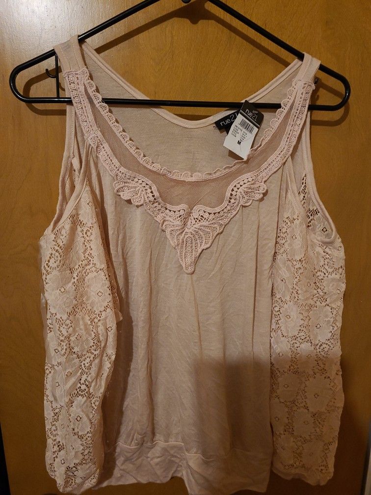 Tea Pink Lacey Blouse With Cut Out Shoulders 