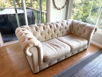 (2) Restoration Hardware style Tufted Linen Sofa – Chesterfield Style