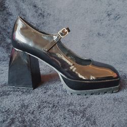 Forever 21 Black Faux Patent Leather Platform Chunky Mary Jane Shoes 7.5
