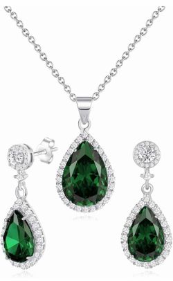 Jewelry Set: Earrings (posts are 925 SS) & Necklace; Teardrop Dangle Stud Earrings Necklace Set Emerald Crystal Rhinestone: Wedding Prom Costume Jewel