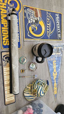 Vintage St. Louis Rams Fan Cave Lot - 1999 Super Bowl Champions Era Signs, Banners, Pennants"