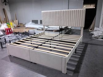 King Size Chenille Upholstered Platform Bed Frame with Adjustable Headboard White