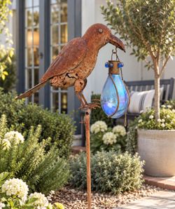 Vintage Metal Folk Art Bird Crow Raven Statue Sculpture Metal Rusty Decor Aged Stake Hanger Garden Landscape