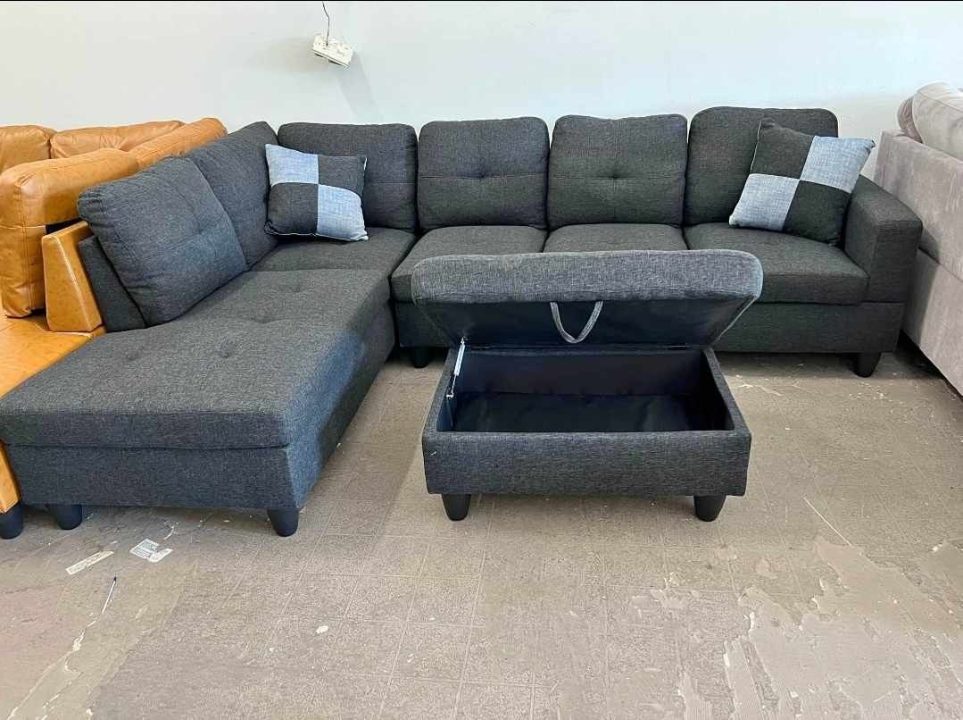 Brand New Grey Sectional With Storage Ottoman 