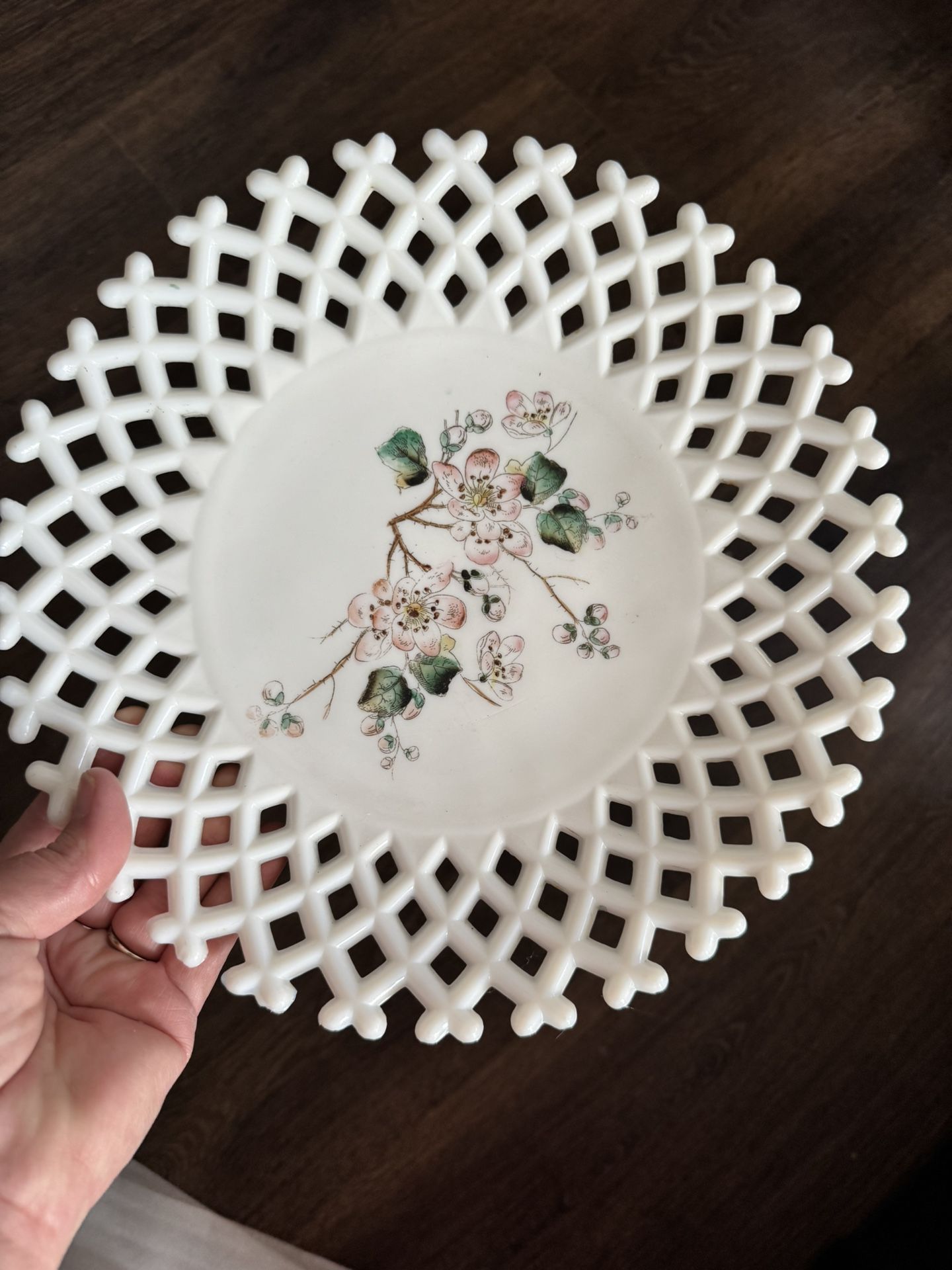 EAPG Challinor Taylor Milk Glass Lattice Edge 1880s  Victorian Vintage Dogwood Reticulated Plate