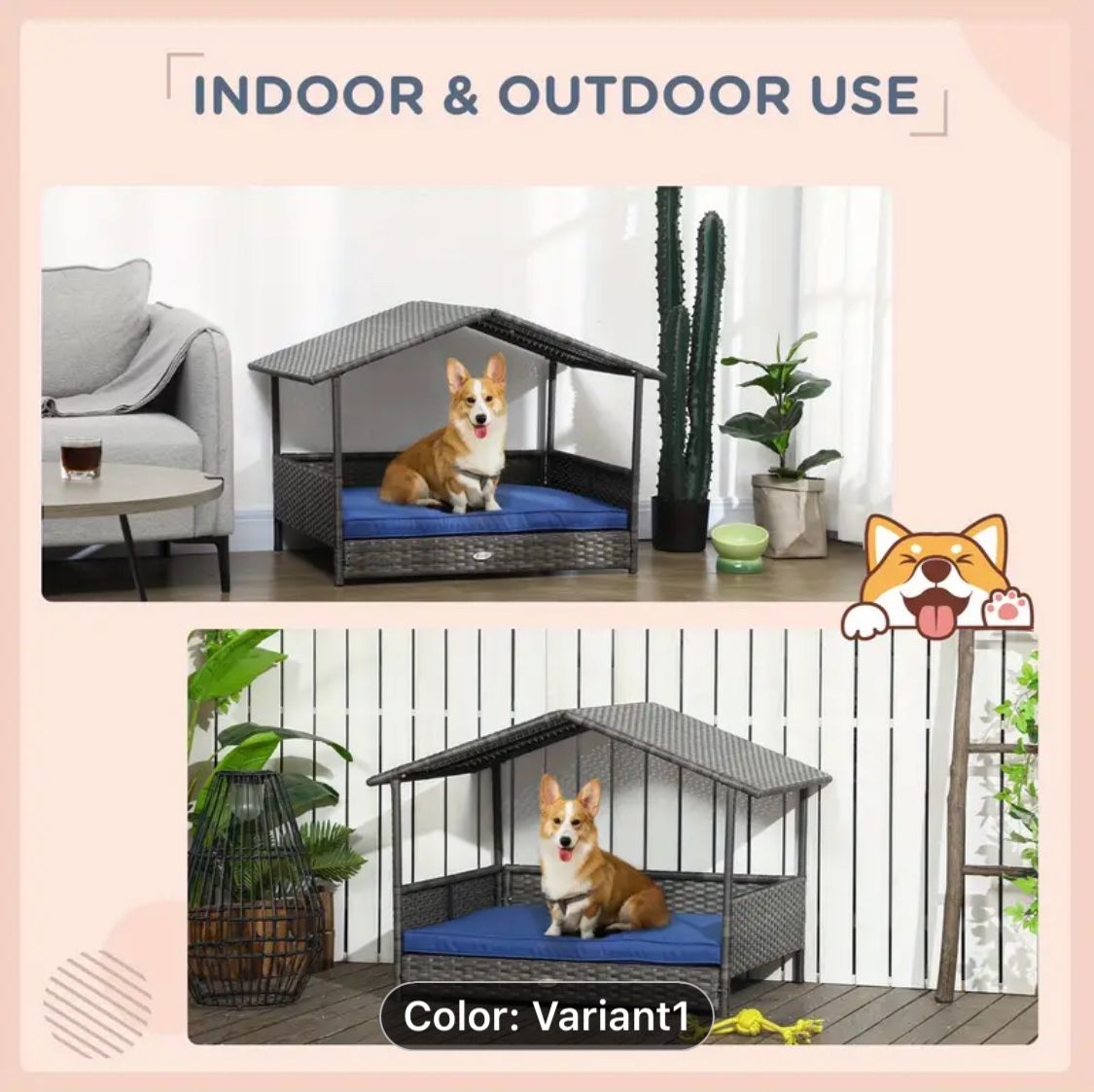 Wicker Dog House Outdoor With Canopy, Rattan Dog Bed With Water-resistant Cushion, For Small And Medium Dogs, Dark Blue