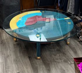 Postmodern Abstract Painted Coffee Table with Glass Top