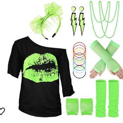 WILDPARTY 80s Costume Accessories for Women, 80's Print Off Shoulder T-Shirt Headband Earring Necklace Fishnet Gloves Legwarmers for 80s Party Hallowe