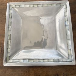 Vintage Metal Serving Tray With Mother Of Pearl Inlay Edging 