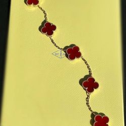 18k yellow gold Red Van cleef Alhambra style Carnelian 5 motifs clover shape stone bracelet