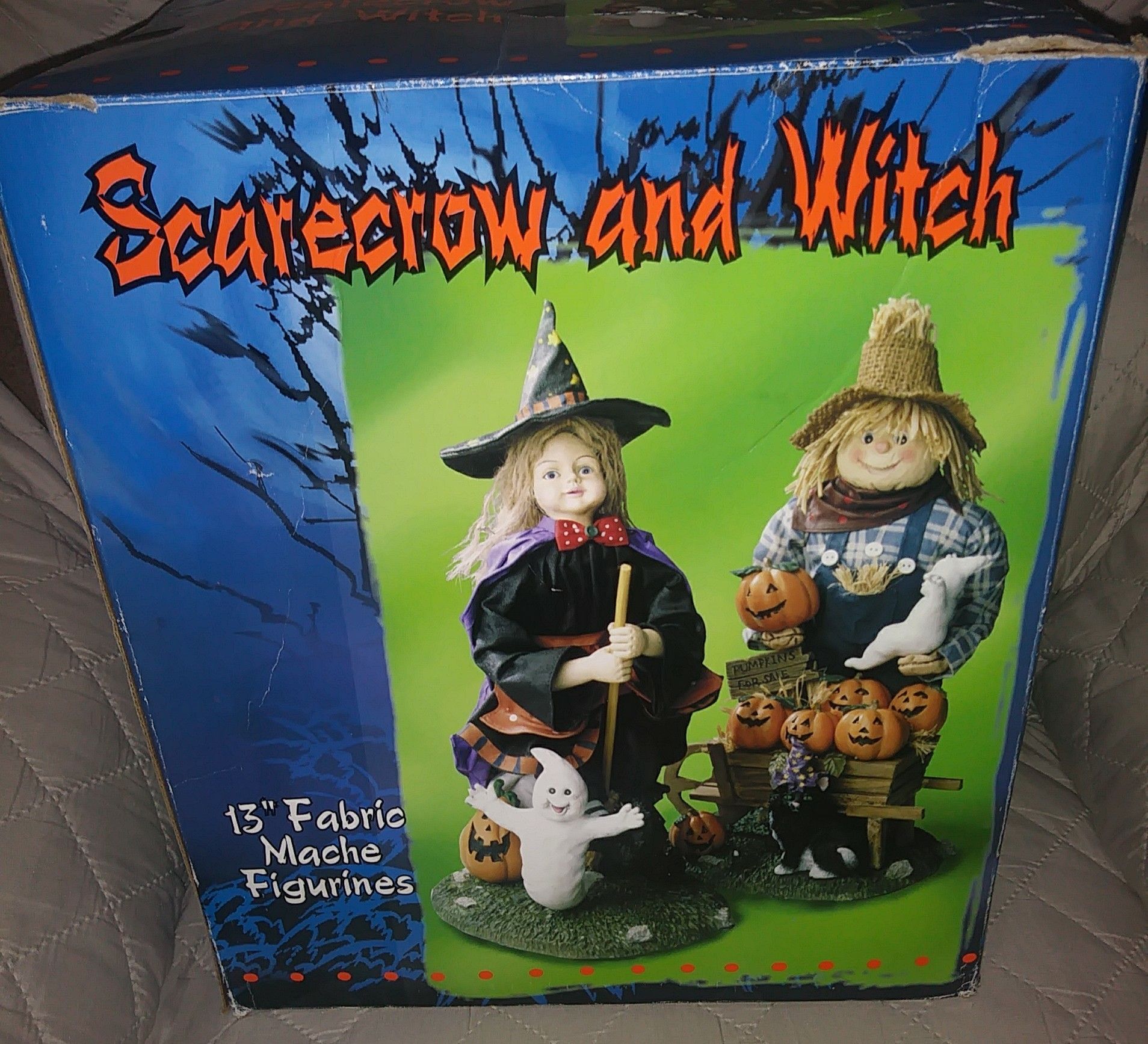 Reduced New Scarecrow & Witch In The Box 15" Tall