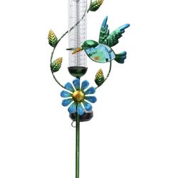  Rain Gauge Outdoor, Solar Powered Decorative Metal Hummingbird Flower Stake for Lawn Yard and Garden