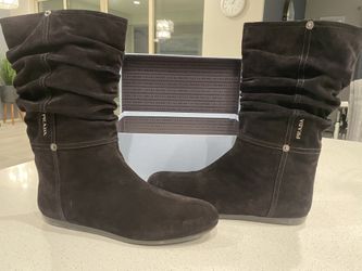 PRADA SLOUCH MID-CALF FLAT BOOTS, SIZE 38.5