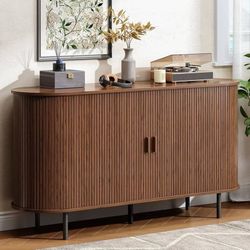 Buffet Cabinet with Storage, 55" Fluted Sideboard Buffet with Sliding Door, Coff