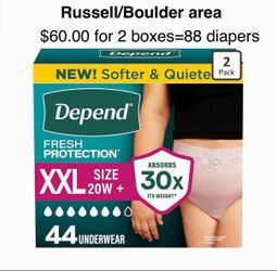 Depend Fresh Protection Adult Diapers, Disposable Underwear for Women, Maximum, XXL, Blush, 88 Ct total. Russell/Boulder area