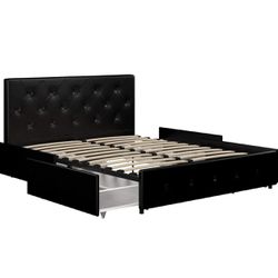 Black Queen Bed with Underbed Storage Drawers and Diamond Tufted Headboard and Footboard